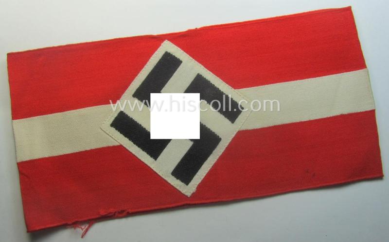 Attractive - and scarcely found! - 'standard-issued'- (ie. entirely woven) pattern, bright-red-coloured HJ- (ie. 'Hitlerjugend'-) related armband (ie. 'Armbinde') being a minimally used example that is void of an 'RzM'-etiket