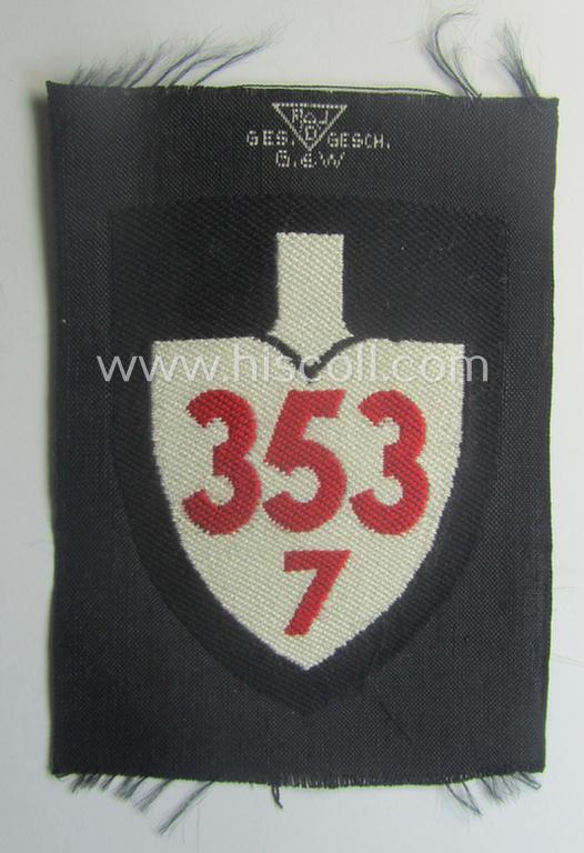 'BeVo'-woven, enlisted-mens'- (ie. NCOs'-) pattern so-called: RAD (ie. 'Reichsarbeitsdienst') sleeve-badge (or: 'Dienststellenabzeichen') bearing the specialist- ie. unit-designation that reads: '353/7'