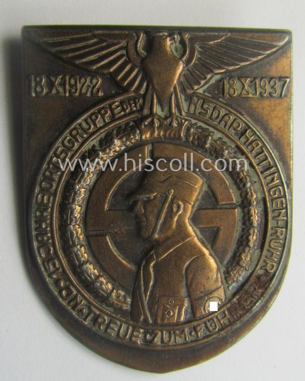 Unusually seen, reddish-bronze-toned, SA-related day-badge (ie. 'tinnie' or: 'Veranstaltungsabzeichen') as was issued to commemorate an event entitled: '18.X.1922 - 18.X.1937 - 15 Jahre Ortsgruppe der NSDAP Hattingen-Ruhr - Im Treue zur Führer'