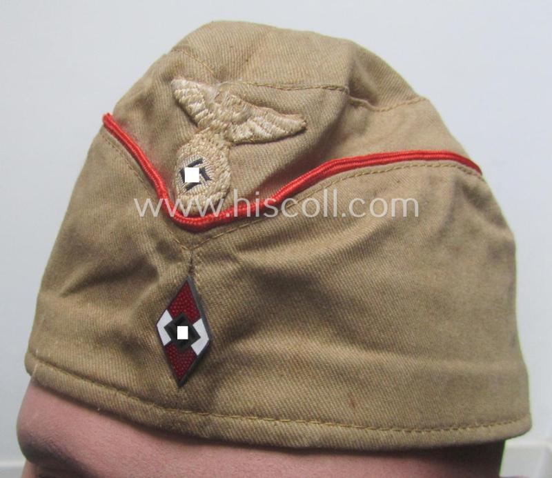 Early-pattern, HJ (ie. Hitlerjugend) beige- (ie. tan-) coloured, 'M34'-pattern side-cap (ie. 'Schiffchen o. Sommermütze nach Vorschrift der RJF') being a minimally used example