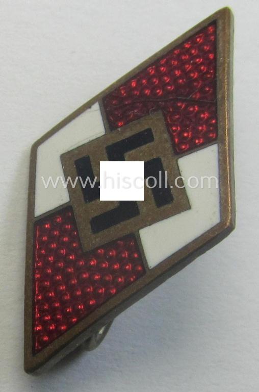 HJ (ie. 'Hitlerjugend') enamelled lapel-pin (ie.: 'Raute') with a: 'RzM - M1/44'-makers'-designation