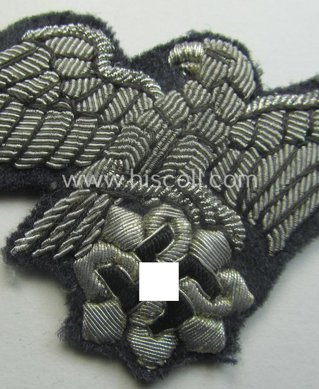 Stunning - and very scarcely encountered! - officers'-pattern, 'Luftschutz' (ie. RLB-) breasteagle being a neatly hand-embroidered- and luxuriously-styled example that is executed onto a bluish-grey-coloured- and/or woolen-based background