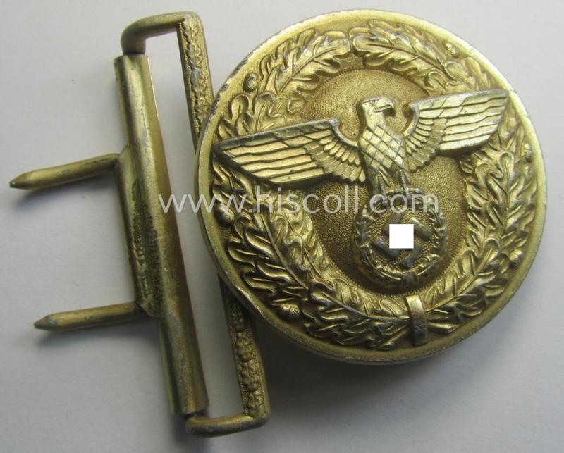 'N.S.D.A.P.'- (ie. 'politischen Leiter'-) related bright golden-toned- and/or aluminium-based belt-buckle being a maker- (ie. 'RzM' - 'M4/116'-) marked example that comes in a moderately used- ie. worn, condition