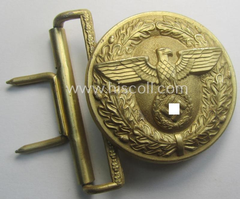 'Virtually mint', 'N.S.D.A.P.'- (ie. 'politischen Leiter'-) related bright golden-toned- and/or aluminium-based belt-buckle being a maker- (ie. 'RzM' - 'M4/27'-) marked example that comes in a hardly- even never used- nor worn, condition