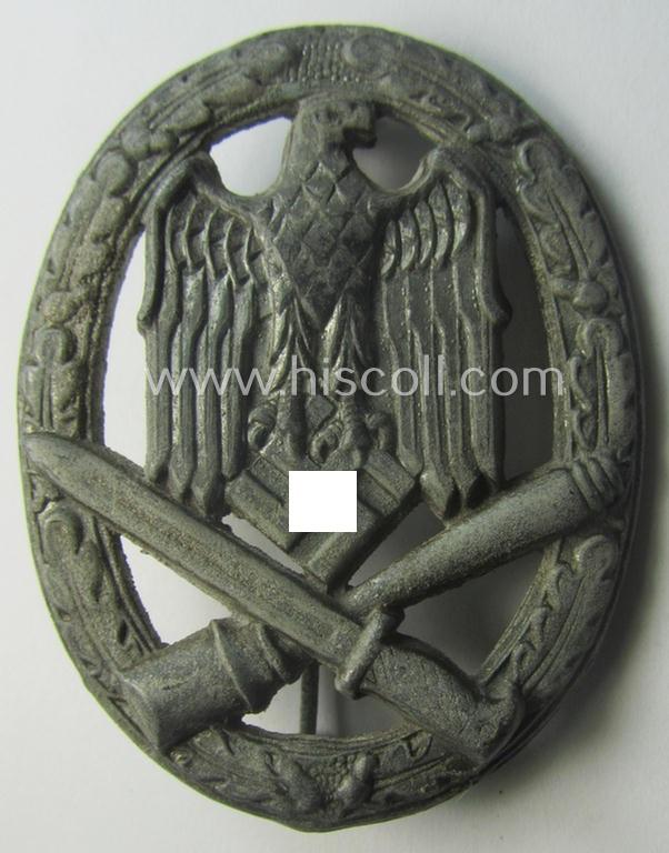 'Allgemeines Sturmabzeichen' (or: General Assault Badge ie. GAB) being a typical unmarked, zinc-based- (ie. 'Feinzink'-) and/or: 'semi-hollow-back'-version as was (I deem) produced by the: 'Rudolf Karneth'-company