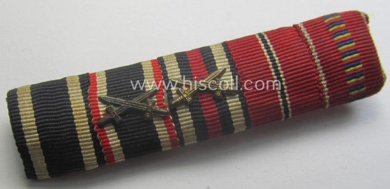 5-pieced, WWI- (ie. WWII-) period ribbon-bar (ie. 'Feld- o. Bandspange') showing an: 'EKII. Kl.', a: 'KvK II.Kl. m. S., a: 'FKK m. S.', an: Ost-medal and a: Romanian medal: 'Kreuzzug gegen den Kommunismus'