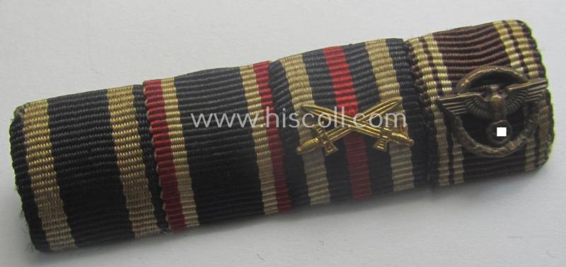 4-pieced, WWI- (ie. WWII- or: TR-) period ribbon-bar (ie. 'Feld- o. Bandspange') showing an: 'EKII. Kl.', a: 'KvK II.Kl. o. S., a: 'FKK m. Schw.' and an: 'N.S.D.A.P. DA in Bronze' (ie. '3. Stufe für 10 Jahre t. Dienste')