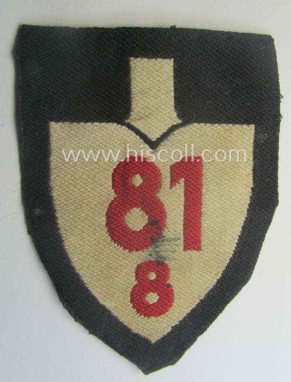 'BeVo'-woven enlisted-mens'- (ie. NCOs'-) pattern, so-called: RAD (ie. 'Reichsarbeitsdienst') sleeve-badge (or: 'Dienststellenabzeichen') bearing the specialist- ie. unit-designation: '81/8'