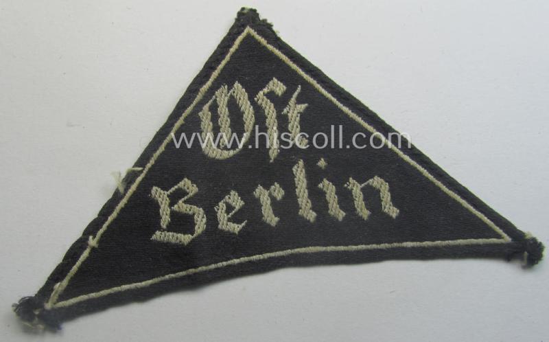 Scarcely found, 'HJ' ('Hitlerjugend') ie. 'BDM' ('Bund Deutscher Mädel') district-triangle (ie. 'Gebietsdreieck') entitled: 'Ost Berlin' (being a clearly used example that is void of an 'RzM'-etiket)