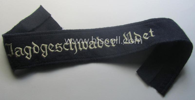 Moderately used, WH (Luftwaffe) cuff-title ie. armband (ie. 'Ärmelstreifen') entitled: 'Jagdgeschwader Udet' that comes in a clearly worn- ie. minimally period-shortened-, condition