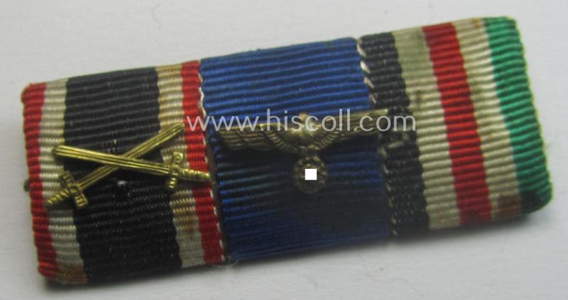 3-pieced, WH (Heeres o. KM) ribbon-bar (ie. 'Band- o. Feldspange') showing resp. the ribbons for a: 'KvK II.Kl. m. S.', a: WH (Heeres o. KM) D.A. der 4. St.' and a: 'Deu.-Ital. Feldzugsmedaille'
