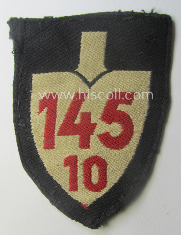 'BeVo'-woven enlisted-mens'- (ie. NCOs'-) pattern, so-called: RAD (ie. 'Reichsarbeitsdienst') sleeve-badge (or: 'Dienststellenabzeichen') bearing the specialist- ie. unit-designation: '145/10'