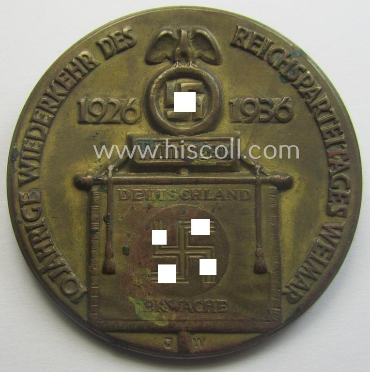 Golden-bronze-toned, N.S.D.A.P.-related day-badge (ie. 'tinnie' or: 'Veranstaltungsabzeichen') as was issued to commemorate a party-related meeting: '10 Jahrige Wiederkerhr des Reichsparteitages Weimar - 1926-1936'