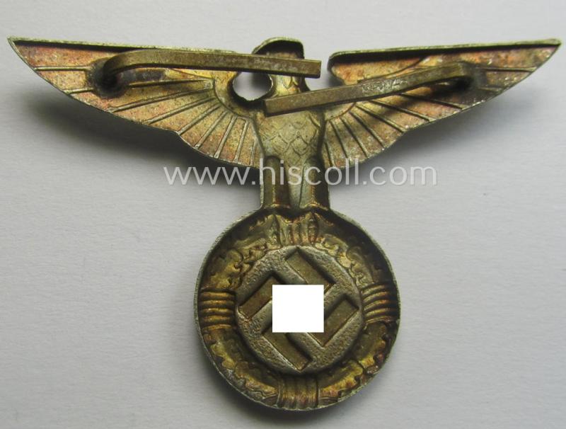 Silver-toned - and I deem 'Buntmetall'-based - early-pattern, SS- o. SA-type, political- ie. 'Art Deco'-styled visor- (ie. 'Schirmmützen'-) cap-eagle being a maker-marked (ie. 'RzM 2?'-) marked example