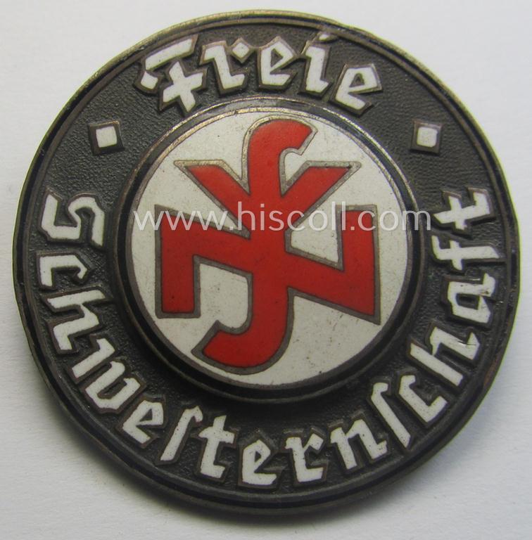 DRK- (ie. 'Deutsches Rotes Kreuz'- or German Red Cross) related so-called: nurses'-brooch entitled: 'Freie Schwesternschaft' (being a moderately used-, multi-coloured-enamelled albeit non-maker-marked example)