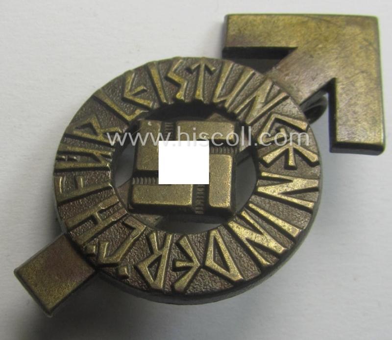 HJ- (ie. 'Hitlerjugend'-) sports-badge (or: 'HJ-Leistungsrune') of the bronze-class being a clearly maker- (ie. 'RzM - M1/63'-) marked- and/or: 'Cupal'-based specimen that shows an engraved (unique) bearers'-numeral ('201708')