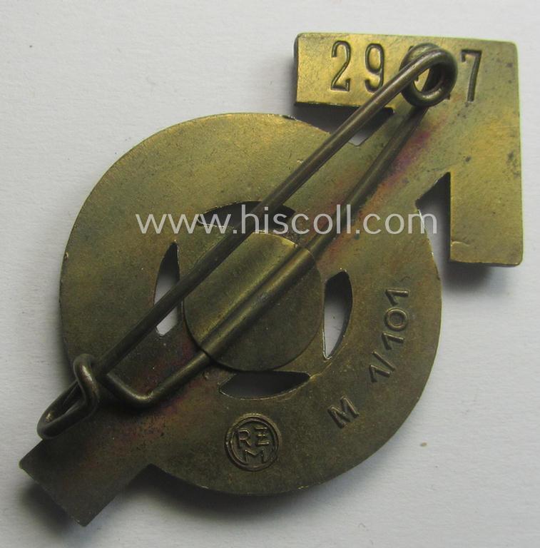 HJ- (ie. 'Hitlerjugend'-) sports-badge (or: 'HJ-Leistungsrune') of the bronze-class being a clearly maker- (ie. 'RzM - M1/101'-) marked- and/or: 'Cupal'-based specimen that shows an engraved (unique and low!) bearers'-numeral ('29417')