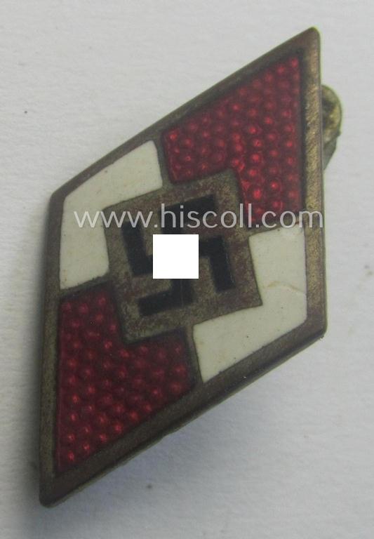 HJ (ie. 'Hitlerjugend') enamelled lapel-pin (ie.: 'Raute') with a: 'RzM - M1/66'-makers'-designation
