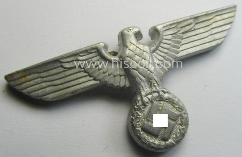 Bright-silver-coloured- and/or: aluminium-based (political-style) visor- (ie. 'Schirmmützen'-) cap-eagle being a detailed example that is neatly: 'RzM' and/or: 'M1/120' marked