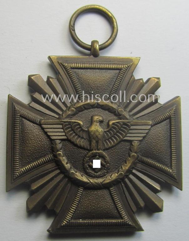 'N.S.D.A.P. Dienstauszeichnung in Bronze' (ie. '3. Stufe für 10 Jahre t. Dienste') being a maker- (ie. '53'-) marked- (and 'regular-weight' ie. 'Buntmetall'-based!) example that comes together with its period ribbon (ie. 'Bandabschnitt')