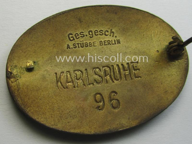 Superb - and rarely seen! - DRK (ie. 'Deutsches Rotes Kreuz') so-called: nurses'-badge entitled: 'Hilfsschwester' being an oval-shaped- and/or maker-marked specimen showing an engraved bearers'-number: ('96') and towns'-name: 'Karlsruhe'