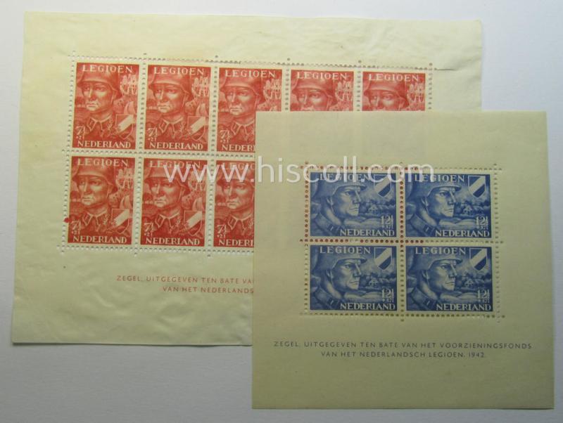 Neat - and complete! - set comprising of two Dutch 'blocks' of resp. 10 (ie. 4) postage-stamps, both as issued in mid-1942 in order to raise funds for the: 'Voorzieningsfonds' of the Dutch Legion (ie. for the Waffen-SS volunteers)
