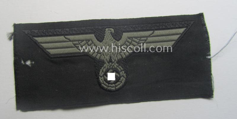 WH (Heeres) later- (ie. mid-war-) period- and/or bluish-grey-coloured 'Panzer'-type side-cap-eagle a executed in the neat 'BeVo'-weave pattern onto a typical black-coloured background