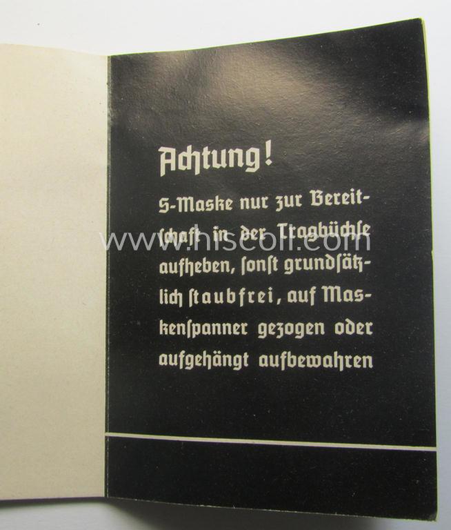Neat - and actually scarcely encountered! - example of the 16-paged- and/or small-sized booklet on the German ('standard'-issue) 'Wehrmacht' gasmask ('Model S'), entitled: 'Die S-Maske'
