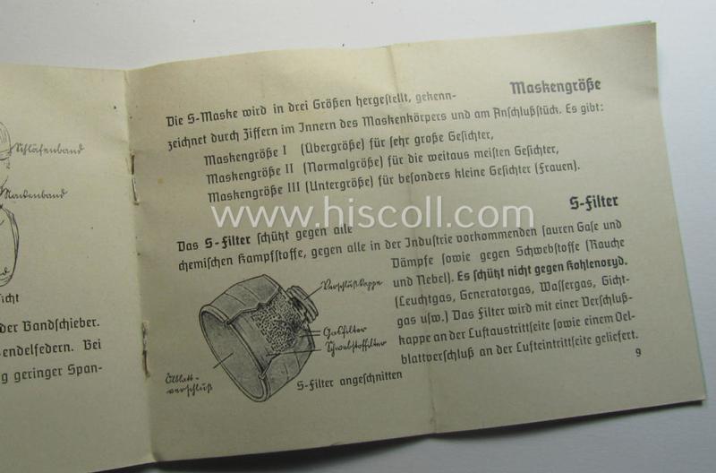 Neat - and actually scarcely encountered! - example of the 16-paged- and/or small-sized booklet on the German ('standard'-issue) 'Wehrmacht' gasmask ('Model S'), entitled: 'Die S-Maske'