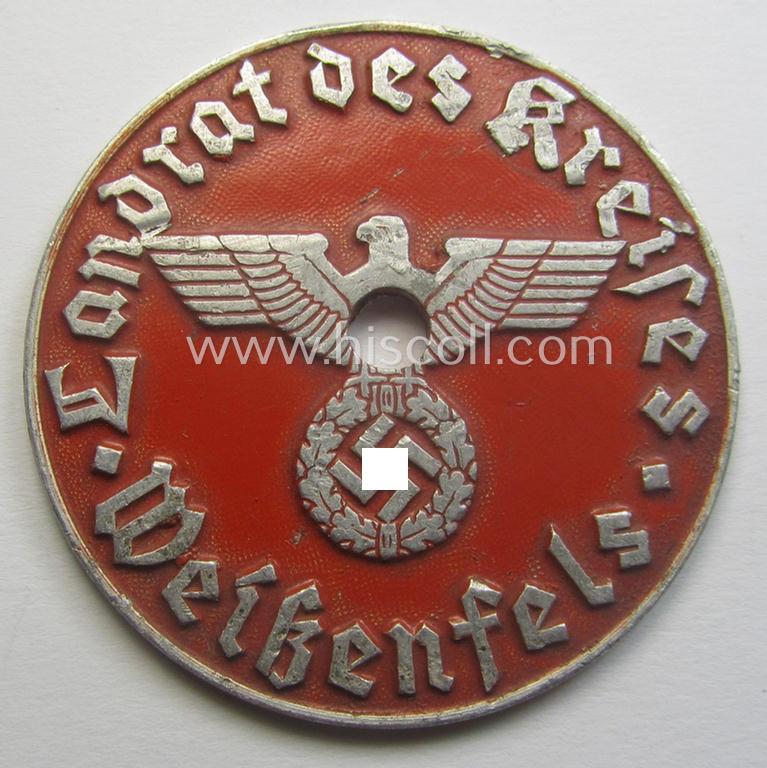Neat - and fairly unusually seen! - WWII- (ie. TR-) period, so-called: license-plate-plaque, being a bright-red-coloured- and/or aluminium-based example that shows the superimposed text: 'Landrat des Kreises Weißenfels'