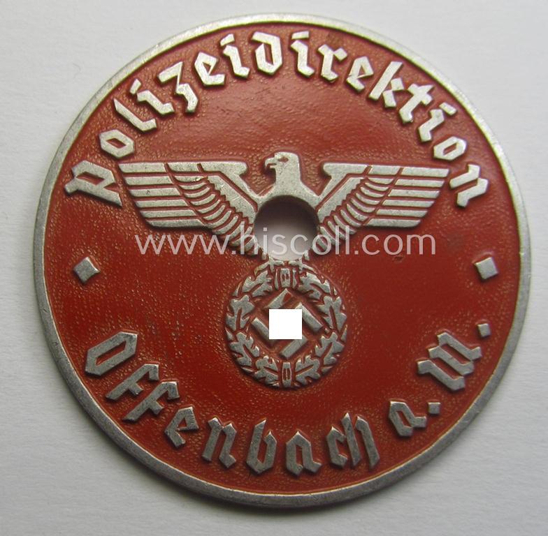 Neat - and fairly unusually seen! - WWII- (ie. TR-) period, so-called: license-plate-plaque, being a bright-red-coloured- and/or aluminium-based example that shows the superimposed text: 'Polizeidirektion Offenbach a. M.'