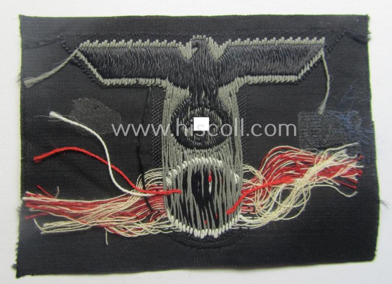 WH (Heeres) 'Pz'-related, 'T-shaped' ie. 'M42'-pattern cap-eagle/cocarde (ie. 'Mützentrapez') as executed in 'BeVo'-weave pattern as was specifically produced for usage on the (impopular) 'M-42'-model Pz-side-caps (ie. 'Schiffchen-Mützen')