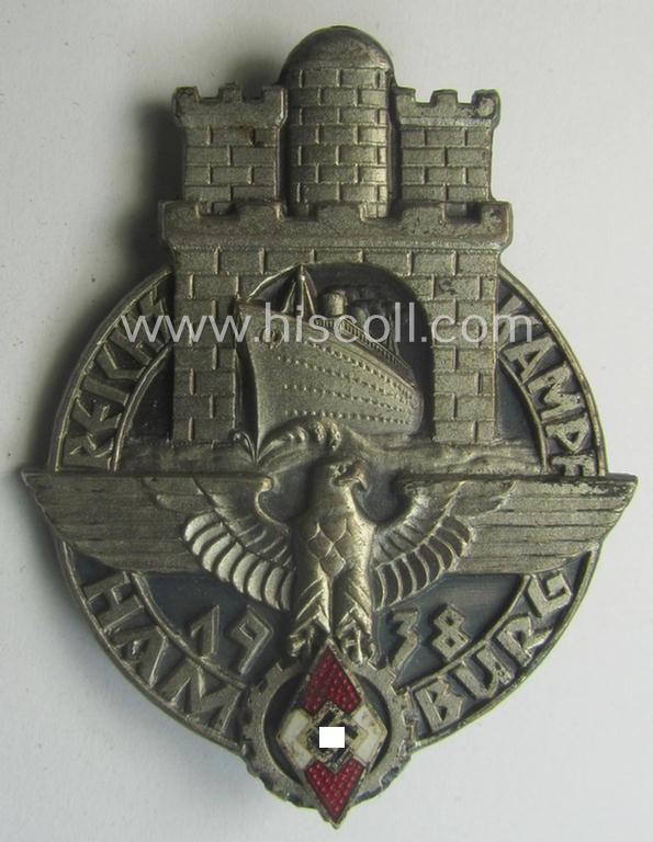 Rarely found, HJ- ie. BDM (ie. 'Hitlerjugend' or: 'Bund Deutscher Mädel') related day-badge: 'Reichskampf Hamburg 1938'