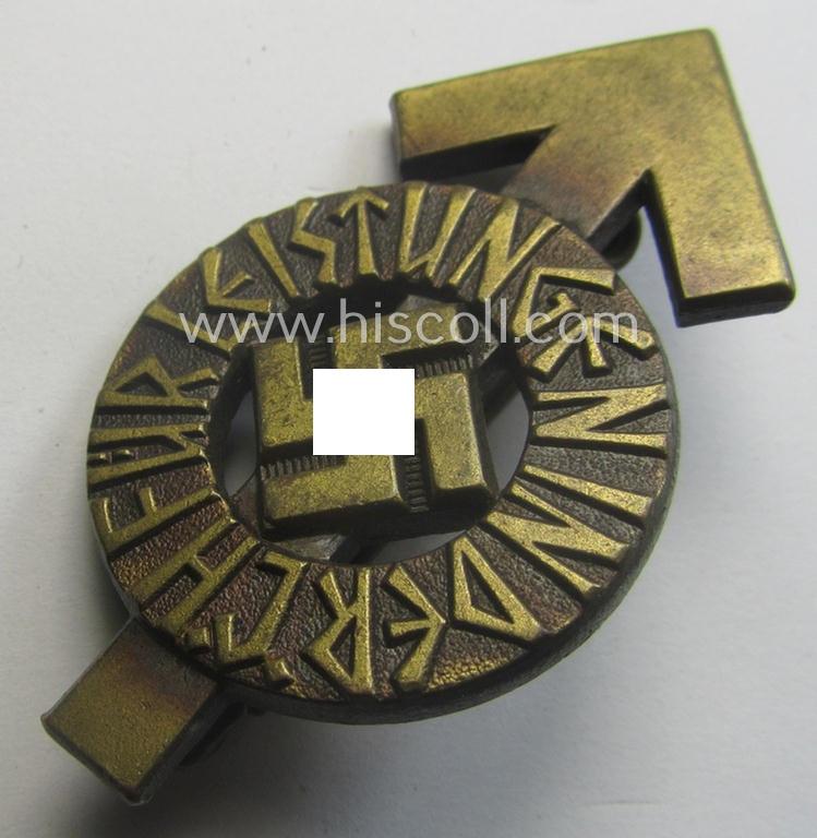 HJ- (ie. 'Hitlerjugend'-) sports-badge (or: 'HJ-Leistungsrune') of the bronze-class being a clearly maker- (ie. 'RzM - M1/63'-) marked- and/or: 'Feinzink'-based specimen that shows an engraved (unique!) bearers'-numeral ('194206')
