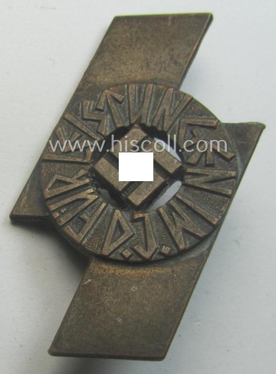 DJ- (ie. 'Deutsches Jungvolk'-) so-called: 'Leistungsabzeichen in Bronze' (or: bronze-class youth sports'-badge) being a maker- (ie. 'RzM - M1/35'-) marked specimen that shows an engraved (unique) bearers'-numeral ('213116')