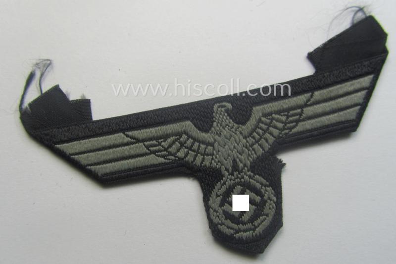 WH (Heeres) later- (ie. mid-war-) period- and/or bluish-grey-coloured 'Panzer'-type side-cap-eagle a executed in the neat 'BeVo'-weave pattern onto a typical black-coloured background