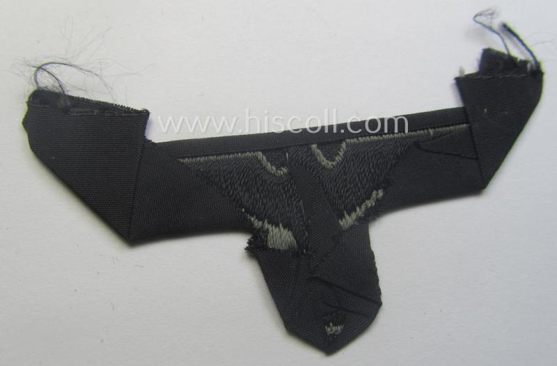 WH (Heeres) later- (ie. mid-war-) period- and/or bluish-grey-coloured 'Panzer'-type side-cap-eagle a executed in the neat 'BeVo'-weave pattern onto a typical black-coloured background