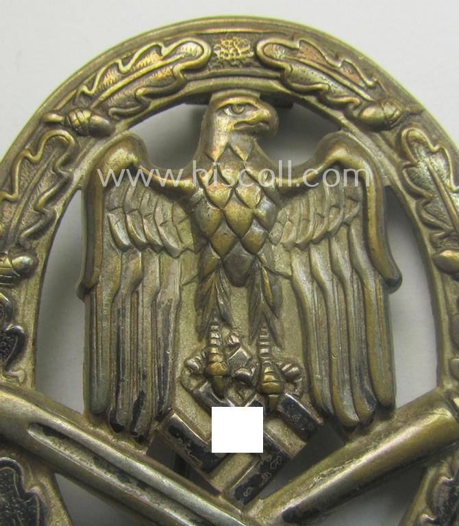 Attractive - and moderately used- ie. worn! - 'Allgemeines Sturmabzeichen' (or: General Assault Badge ie. GAB) being a (typical) unmarked 'Buntmetall'-based and/or scarcely seen 'hollow-back'-version as produced by the: 'Otto Schickle'-company