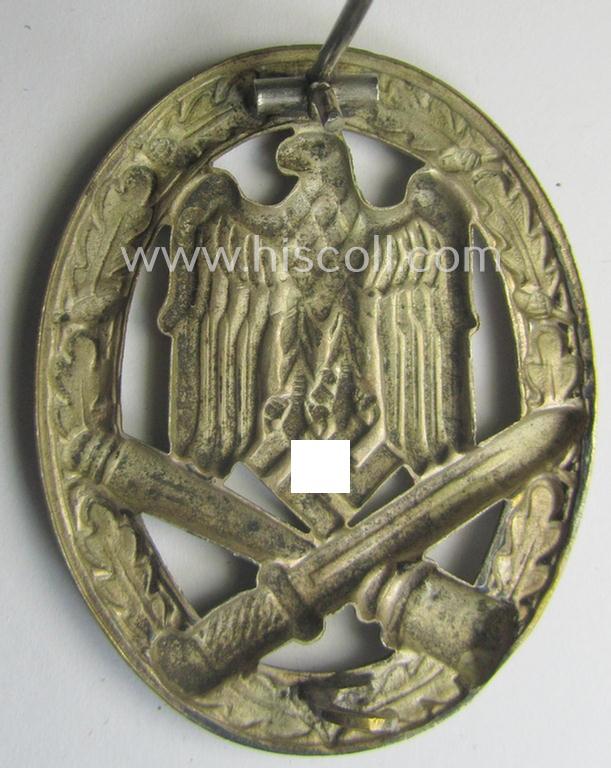 Attractive - and moderately used- ie. worn! - 'Allgemeines Sturmabzeichen' (or: General Assault Badge ie. GAB) being a (typical) unmarked 'Buntmetall'-based and/or scarcely seen 'hollow-back'-version as produced by the: 'Otto Schickle'-company
