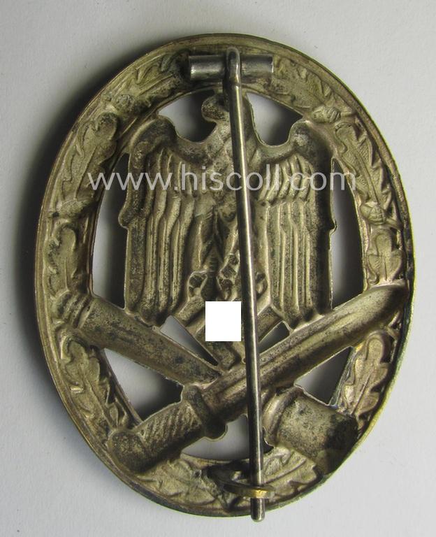 Attractive - and moderately used- ie. worn! - 'Allgemeines Sturmabzeichen' (or: General Assault Badge ie. GAB) being a (typical) unmarked 'Buntmetall'-based and/or scarcely seen 'hollow-back'-version as produced by the: 'Otto Schickle'-company