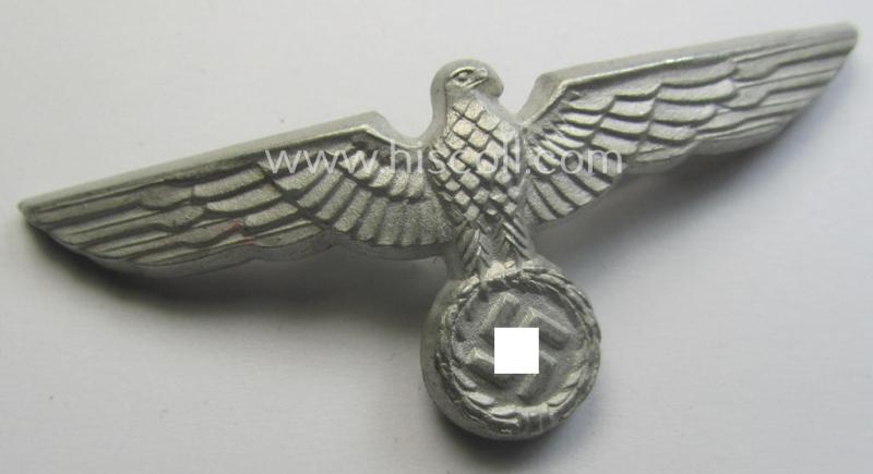 WH (Heeres) bright-silver-toned (ie. aluminium-based), EM- (ie. NCO- or officers') type visor-cap-eagle being a non-maker-marked example that comes in a clearly used- ie. (I deem) once cap-attached, condition