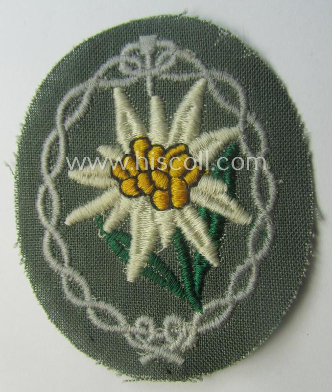 'Variant'-pattern WH (Heeres) 'Gebirgsjäger'- (ie. mountain-troopers-) related arm-badge, being a desirable example as was executed in the machine-woven pattern on a thin-shaped background
