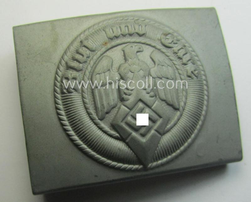 'Anodised'- (and 'virtually mint'!) 'HJ'- (ie. 'Hitlerjugend'-) related enlisted-mens'- (ie. NCO-) type belt-buckle being a non-maker-marked example that still retains its (period glued-in!) 'RzM'-etiket and that comes in a wonderful, condition