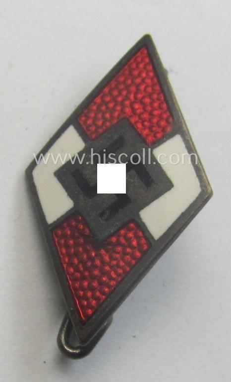 HJ (ie. 'Hitlerjugend') enamelled lapel-pin (ie.: 'Raute') with a: 'RzM - M1/9'-makers'-designation