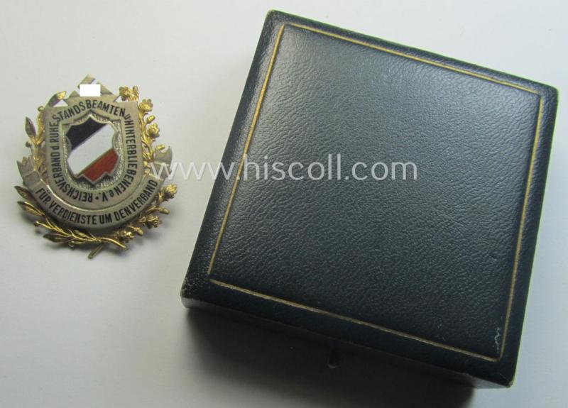 Genuine silver-based(!) honorary-badge (ie. 'Ehrenzeichen des Reichsverbandes d. Ruhestandsbeamten u. Hinterbliebenen e.V.') being a maker- (ie. 'H. Timm - Berlin'-) marked example that came stored in its period etui
