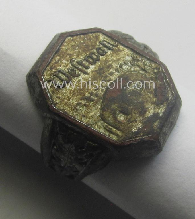 WH (LW, Heeres, RAD etc.) related, metal-based so-called: 'souvenir'-ring depicting the engraved outline of the: 'Westwall'-fortification coupled with the text: 'Westwall'