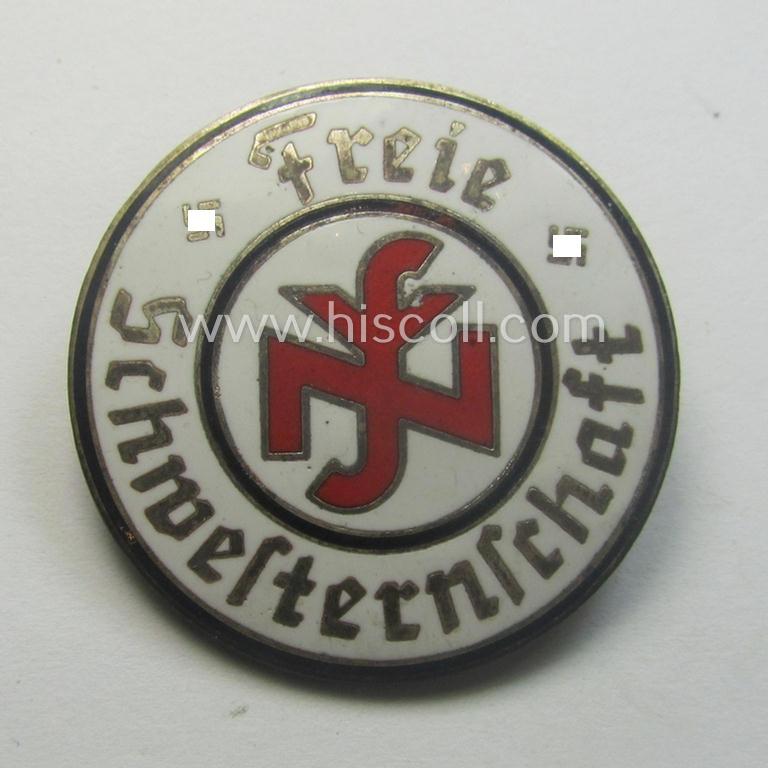 DRK- (ie. 'Deutsches Rotes Kreuz'- or German Red Cross) related so-called: nurses'-brooch entitled: 'Freie Schwesternschaft' (being a moderately used, multi-coloured-enamelled albeit non-maker-marked example)