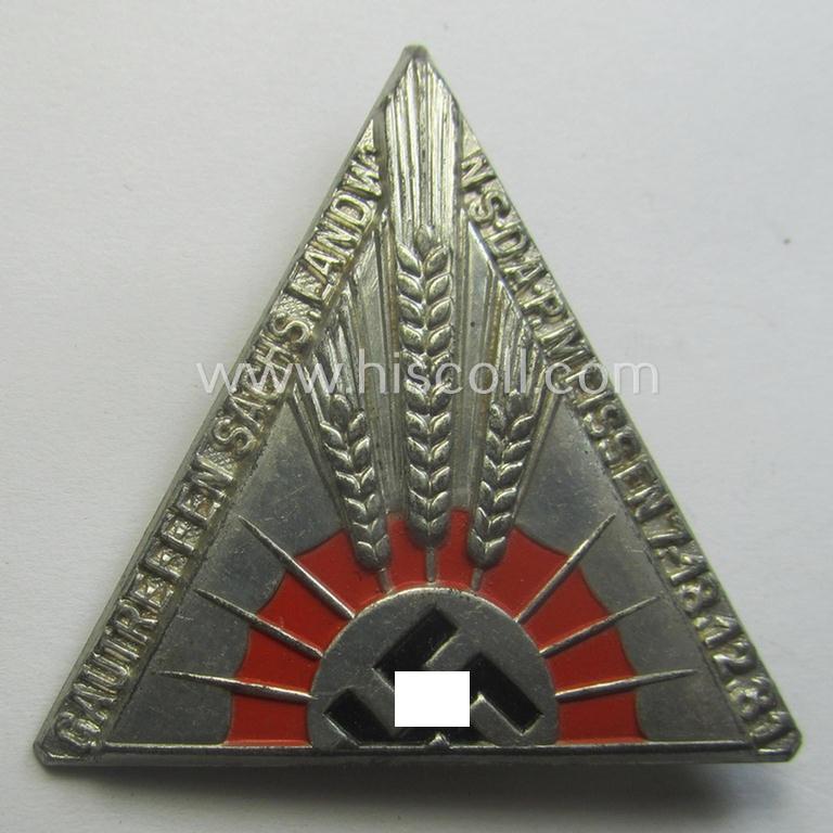 Unusually seen - early-period and silver-toned! - N.S.D.A.P.-related day-badge (ie. 'tinnie') as issued to commemorate a specific meeting entitled: 'Gautreffen Säch.Landw. - N.S.D.A.P. Meissen - 7.-13.12.31'